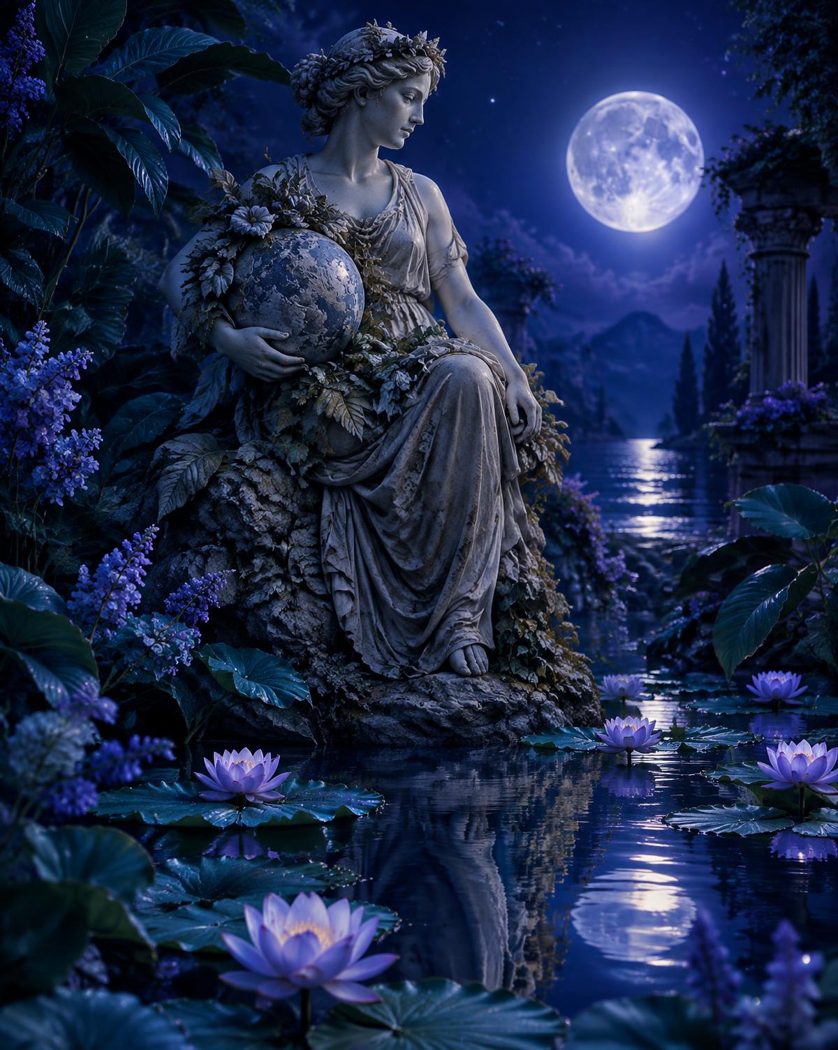 Classical Mother Earth sculpture in a moonlit lotus garden