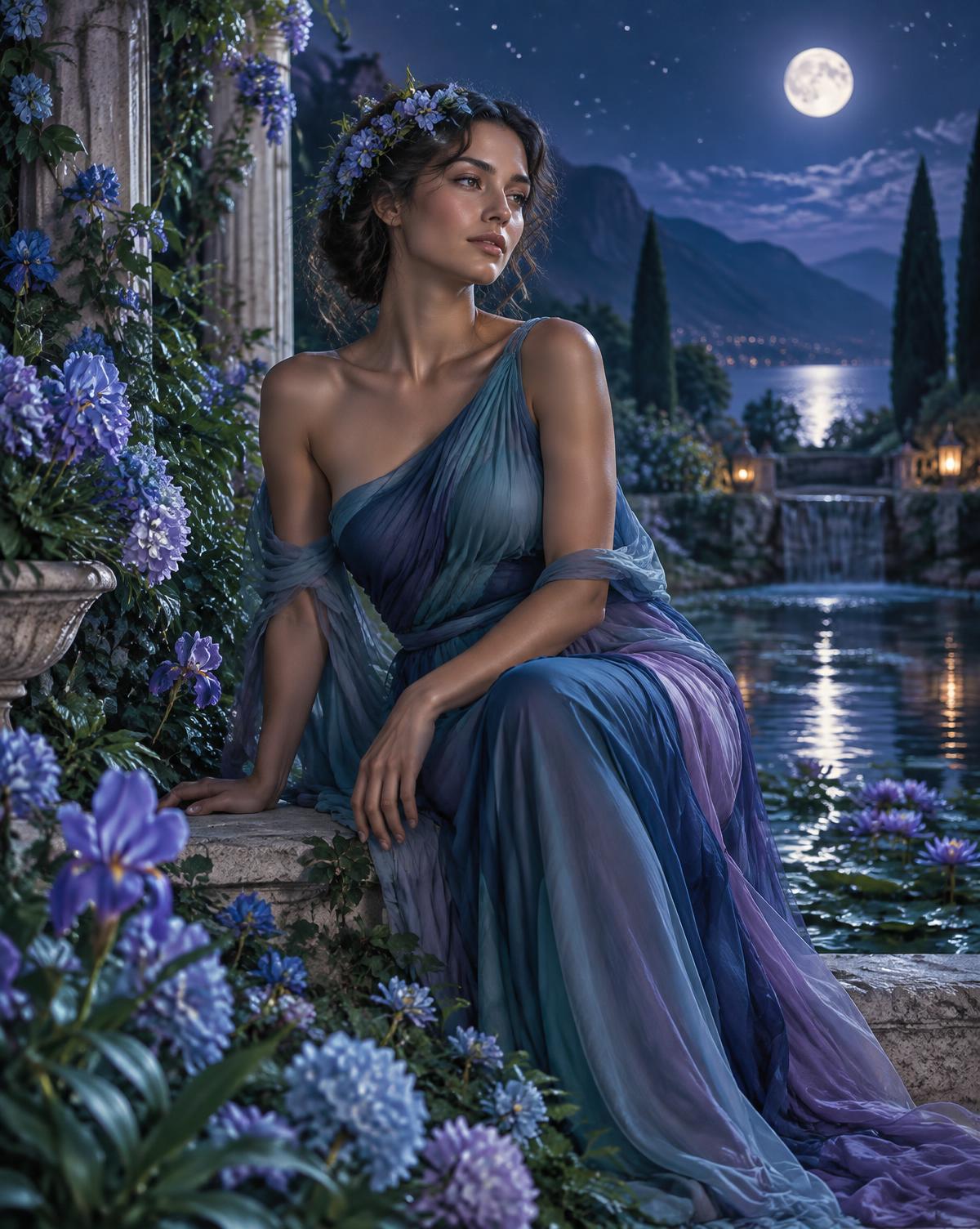 Woman in an elegant moonlit botanical garden